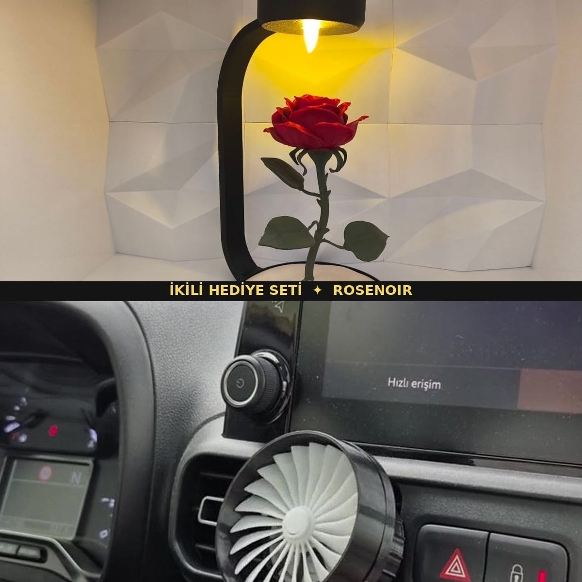 İkili hediye seti — solmayan kırmızı gül + jet motor araç kokuluğu hediye paketi