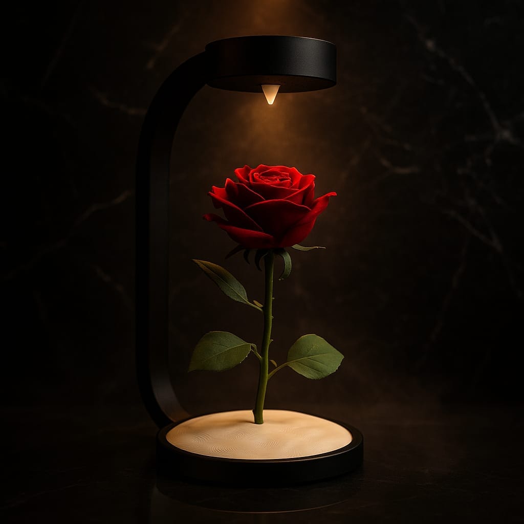 Solmayan kırmızı gül 3D baskı PLA — premium siyah stand